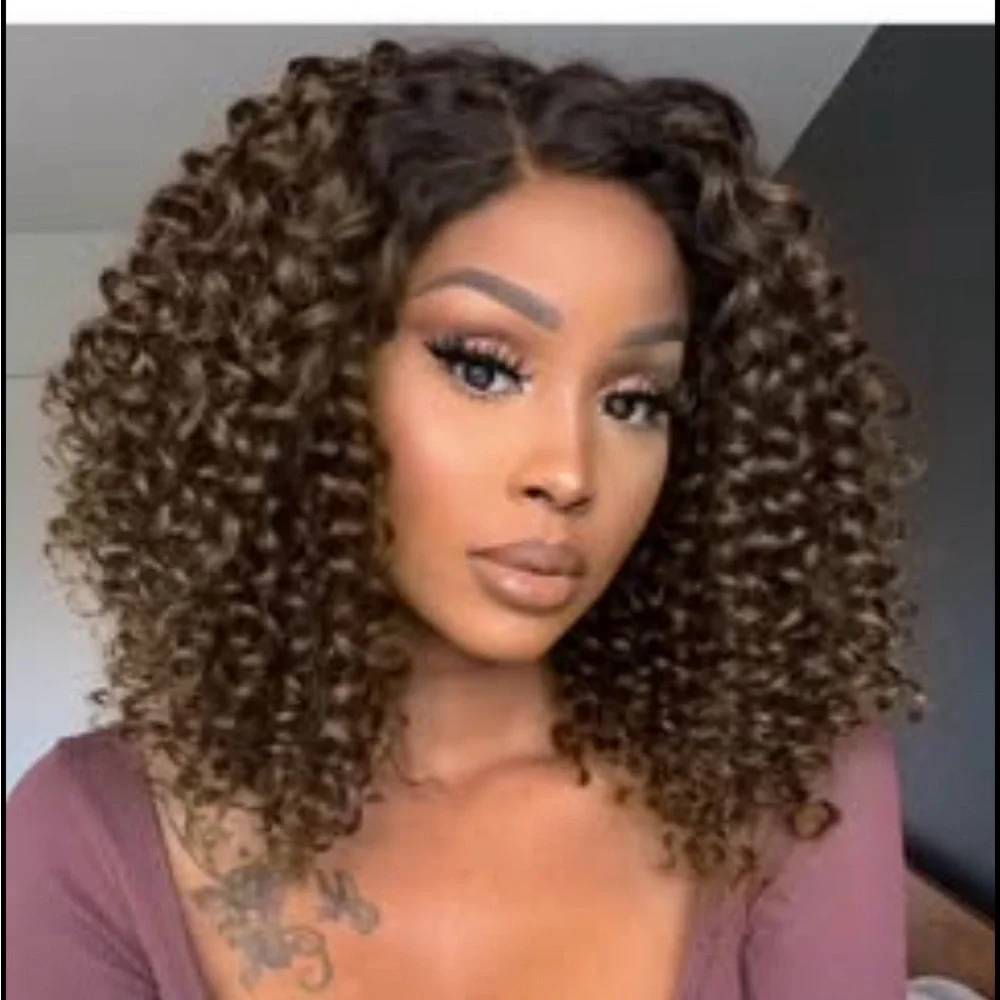 Quantum Black Women👩🏽Side Part Kinky Curly Bob Synthetic Ombre Blonde 12”Wig - Picture 6 of 9